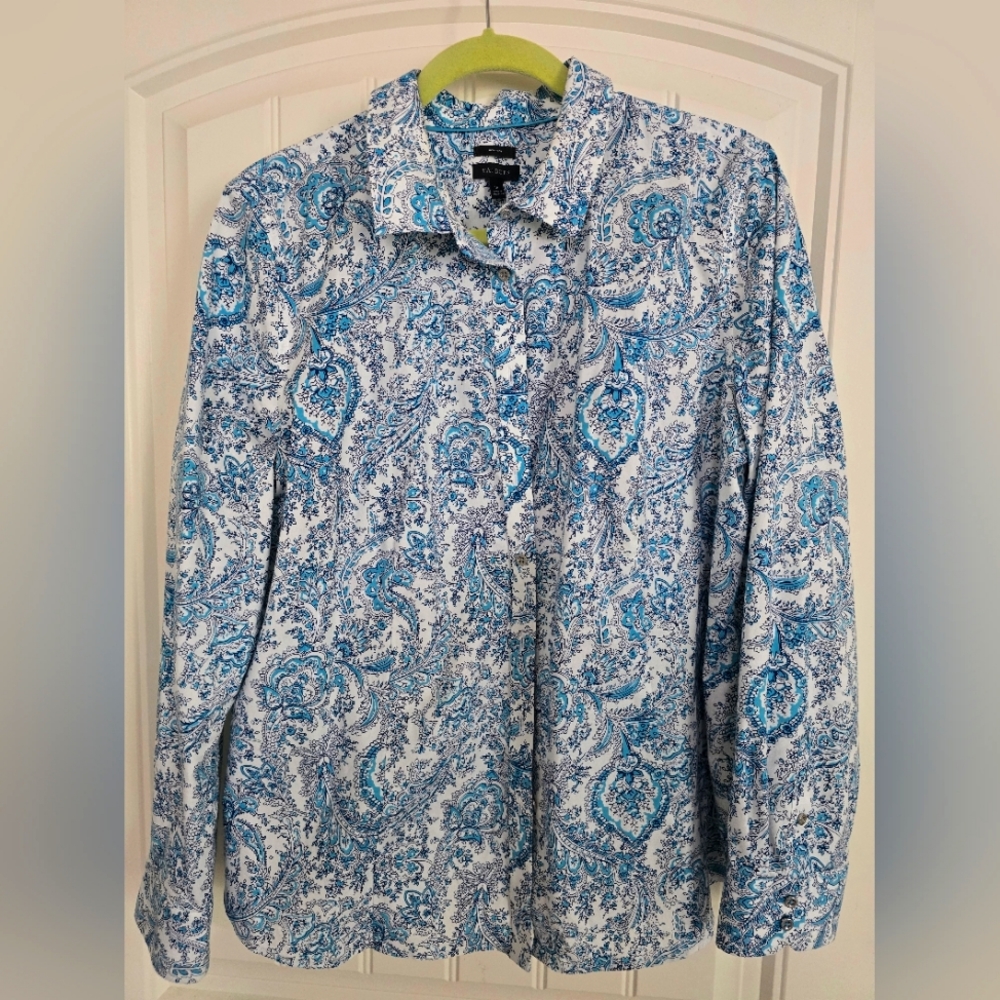 Talbots Shirt Womens Size 16 Blue Paisley Button Up Wrinkle Resistant Casual Top